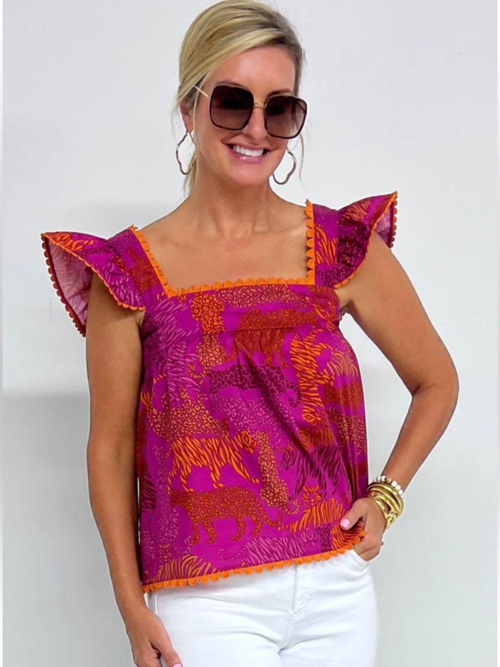 Sugarlips | Pink and Orange Animal Print Ruffle Top | Medium | NWT